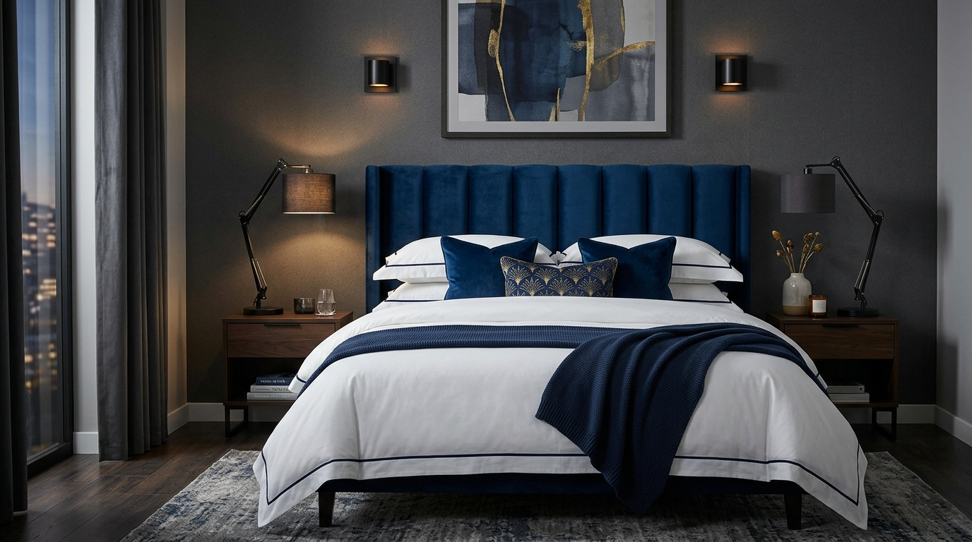 Add navy or dusty blue as the accent